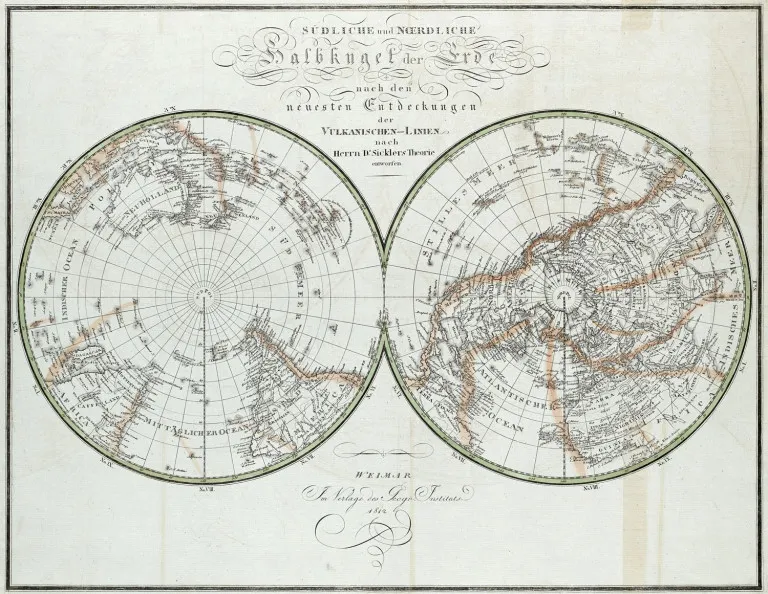 D. Sickler – Hémisphère sud et nord de la Terre selon les dernières découvertes des lignes volcaniques