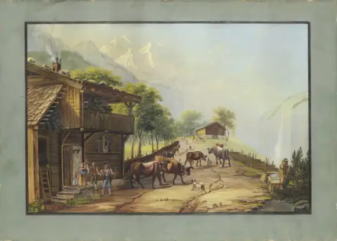Scène de genre avec paysage alpin