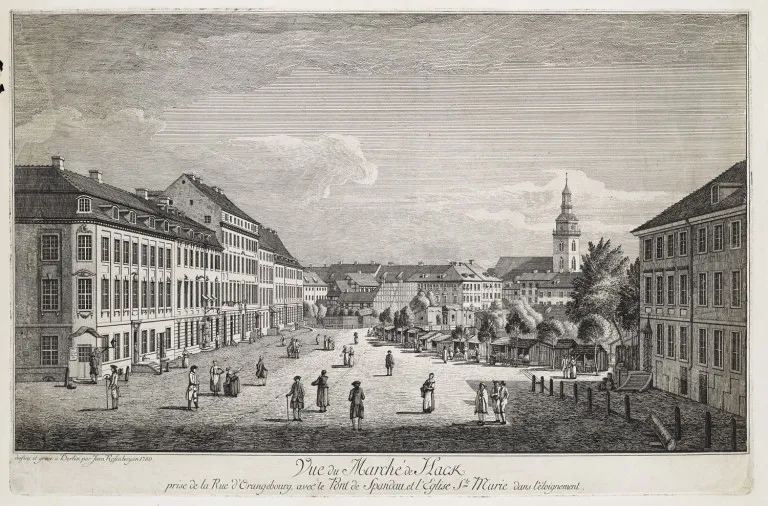 Jean Rosenberg – Vue du Marché de Hack prise de la Rue d' Orangebourg, avec le Pont de Spandau et l' Église St. Marie dans éloignement