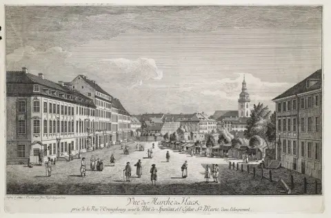 Jean Rosenberg – Vue du Marché de Hack prise de la Rue d'Orangebourg, avec le Pont de Spandau et l'Église St. Marie dans éloignement