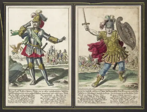 18e siècle allemand – 8 gravures avec représentations de héros. Chaque gravure sur cuivre coloriée anciennement sur papier vergé