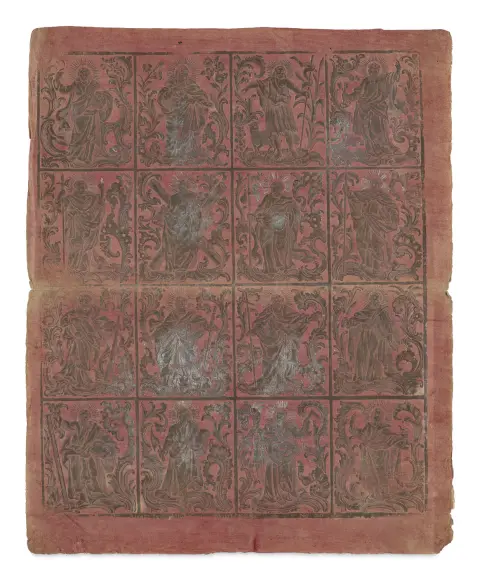 Johann Carl Munck – Papier broché avec rocailles et feuilles d'acanthe avec 16 représentations de saints