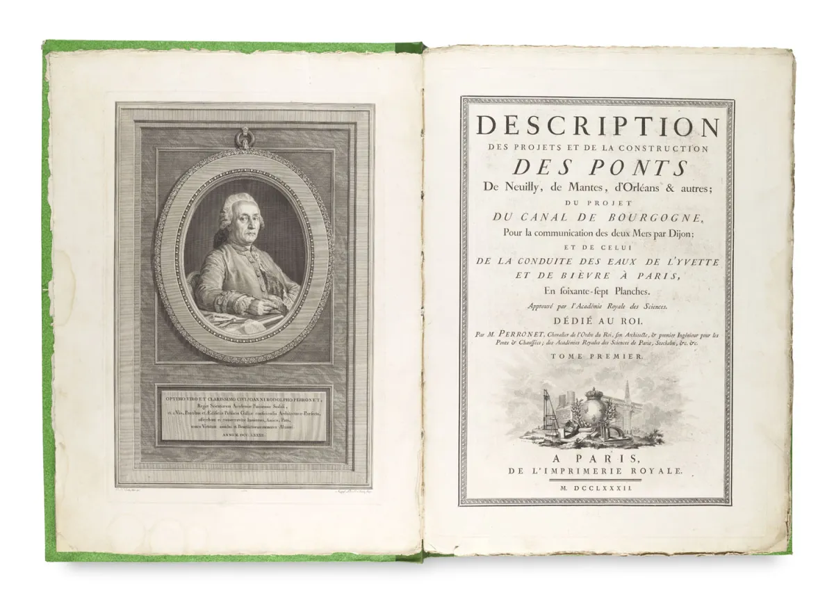 Jean Rodolphe Perronet – Popis projektů a stavby mostů v Neuilly, Mantes, Orléans a dalších ... 3 svazky (I, II, Suppl.)