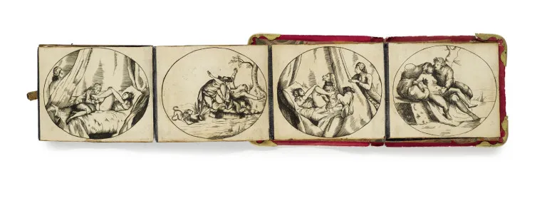 Leporello with 7 depictions of saints and 6 erotic depictions