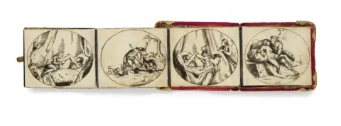 Leporello with 7 depictions of saints and 6 erotic depictions