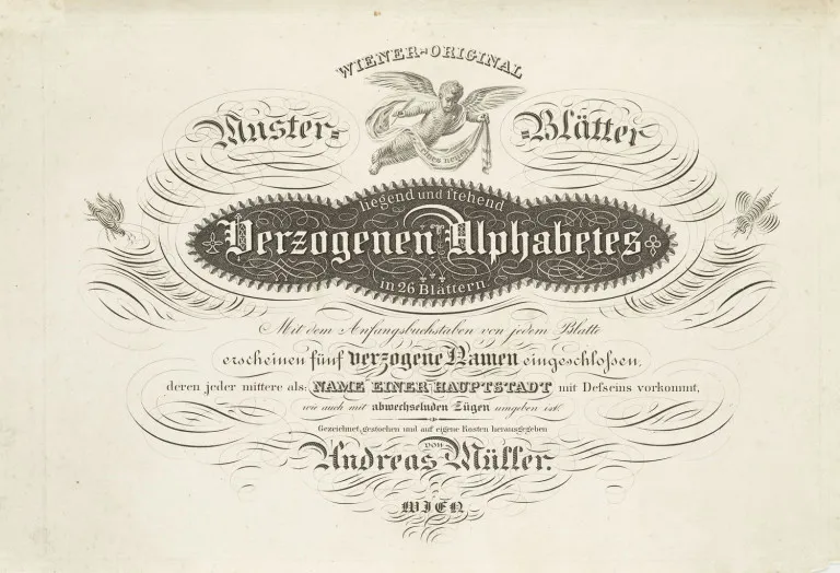 Andreas Müller – Wiener Original Muster-Blätter liegend und stehen Verzogenen Alphabetes in 26 Blättern