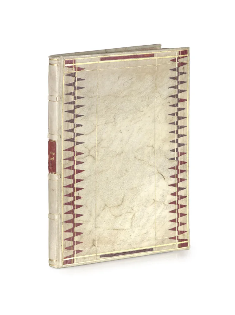 Masterful hand binding in parchment with porous texture on five raised bands over cardboard, the covers with leather inlays in triangular and …