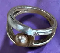 Silberring "Fossil" -925- mit Gold-Perle, RG 59, 7 gr.