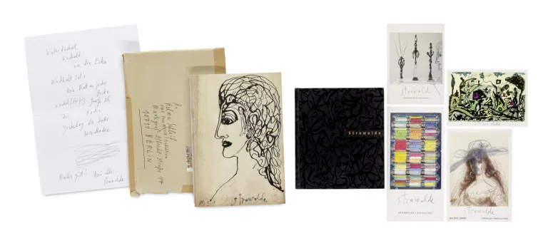 Strawalde (Jürgen Böttcher) – Collection de 2 catalogues d'exposition avec dédicace et dessin, 3 cartes signées