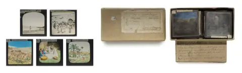Collection de 89, dont 35 diapositives en verre colorées avec des prises de vue d'un voyage à travers la Palestine (61) et des reproductions d'œuvres d'art à …