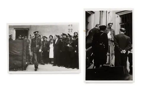 Deux photographies en noir et blanc de l'exécution de Karl Hermann Frank en 1946