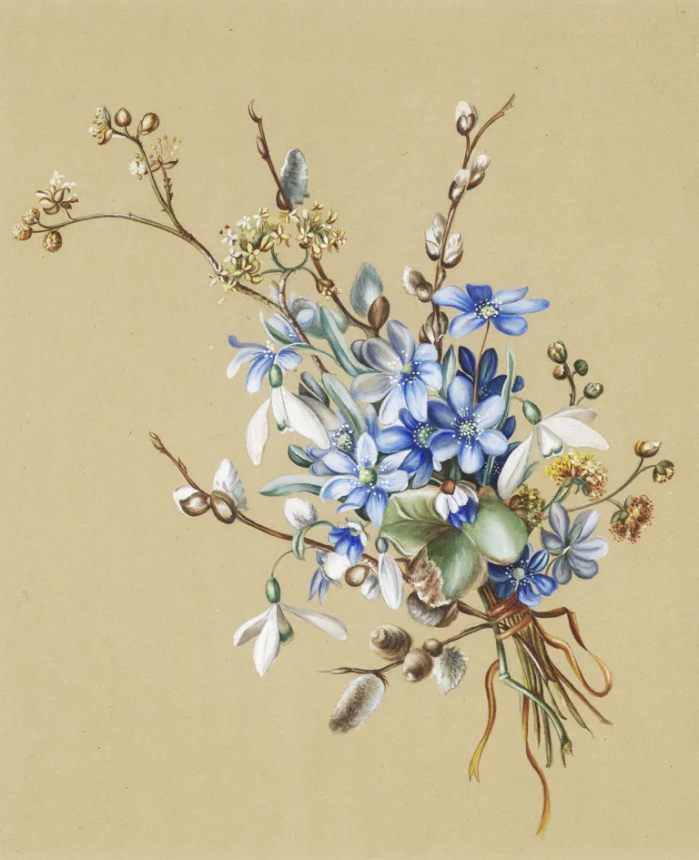Bouquet printanier avec hépatiques, perce-neige, chatons de saule et cornouiller mâle