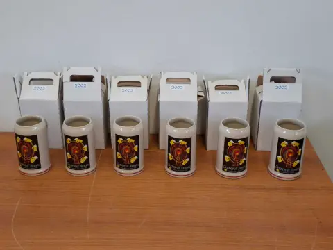 6 Oktoberfest mugs without pewter lid, annual mugs 2002, manufacturer: Rastal