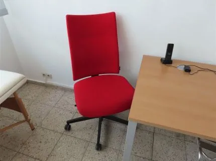 2 swivel office chairs, 1 x red fabric, 1 x blue fabric