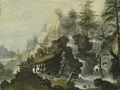 Simon Joseph von Bemmel (attributed / Bemmel family of painters), Mountain landscape with waterfall and wooden path. Circa 1780/1790.