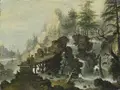 Simon Joseph von Bemmel (attributed / Bemmel family of painters), Mountain landscape with waterfall and wooden path. Circa 1780/1790.