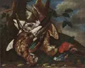 Philipp Ferdinand de Hamilton (attribué ou dans le style de), Nature morte de chasse avec bécasse, geai, mésange bleue et bouvreuil. Début du 18e siècle.