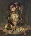 Hermann Wilhelm Cellarius, Still life with figurative vase, glasses and shells. After 1840.