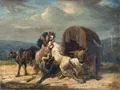 Henri Auguste de Montpezat, Shying Horses by a Wagon. Probably 1840s.