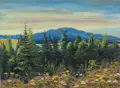 Erhard Zwar "Wildflowers. Motif from the Jizera Mountains. View over the Grellbusch towards the Lauban Hohwald". Circa 1940.