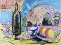 Ernst Hassebrauk, Stillleben mit schwarzer Flasche und Äpfeln. Wohl 1960er Jahre.