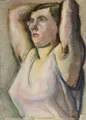 Curt Querner, Sedící žena v růžové košili, paže zkřížené za hlavou. 1957.