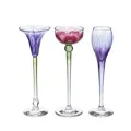 Three Art Nouveau liqueur glasses "Enzian", "Krokus" and "Stiefmütterchen" (?). Ludwig Sütterlin (attributed) for Fritz Heckert, Petersdorf. Probably around 1904.