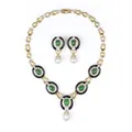 Opulentes Lavallière Gold-Collier und Ohrclips mit Smaragd-Cabochons, Onyx und Brillanten.