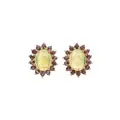 Pair of opal flower stud earrings with pink tourmaline surround.