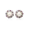 Pair of flower stud earrings with pearl and rubellites.
