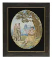 Broderie de soie "Berger jouant de la flûte avec deux nymphes". Probablement 1er quart du 19e siècle.