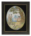 Silk embroidery "Shepherd playing the flute with two nymphs". Probably 1st quarter of the 19th century.