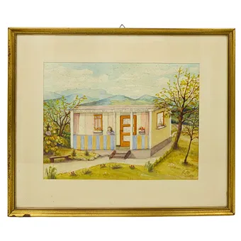 Watercolour, house view with motto, dated 1961.
