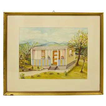 Watercolour, house view with motto, dated 1961.