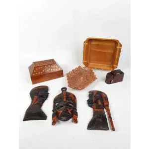 Wooden box, wall masks and miscellaneous