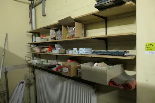 Mixed lot of construction, electrical and DIY materials, including small parts and storage boxes