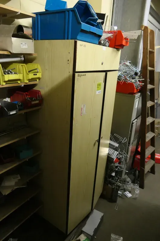 Cabinet, wood decor, 2-door, with contents including storage boxes and small parts