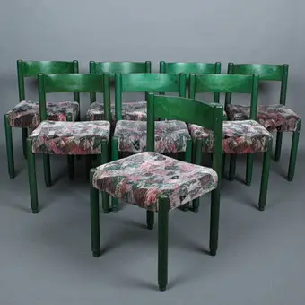 VICO MAGISTRETTI. IN THE STYLE OF. Eight chairs / dining chairs, beech, fabric cover, 1980s, Italy (8).