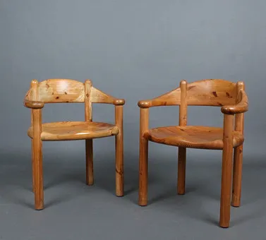 RAINER DAUMILLER. for Hirtshals Savværk, pair of armchairs / dining chairs in solid pine, 1970s, Denmark.