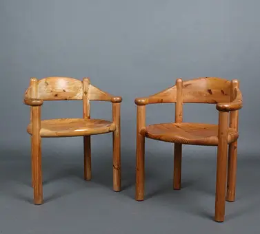 RAINER DAUMILLER. for Hirtshals Savværk, pair of armchairs / dining chairs in solid pine, 1970s, Denmark.