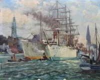 H.Valentin o.ä., Hafenszene, Öl/Hartfaser, ungerahmt, 24,8 x 31,3cm