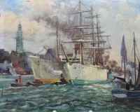 H.Valentin lub podobny, scena portowa, olej/płyta pilśniowa, bez ramy, 24,8 x 31,3cm