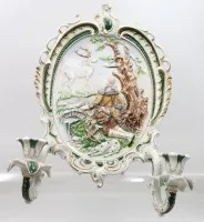 Decorative two-flame wall light made of porcelain, unmarked, hunting scene, approx. 42 x 36 cm
