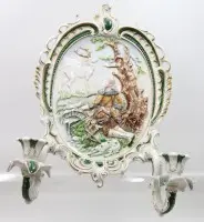 Decorative two-flame wall light made of porcelain, unmarked, hunting scene, approx. 42 x 36 cm