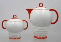 Art Deco coffee pot and sugar bowl, Czechoslovakia, each with a chip on the base, pot H 21 cm, bowl H 14 cm