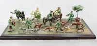 Tin figures on board, painted, courtly hunting scene, board approx. 24.5 x 42.5 cm