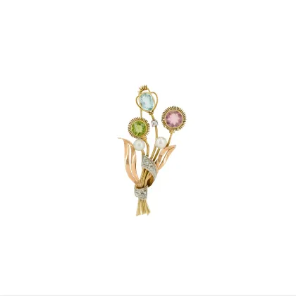 Broche 'Bloemruiker' met kleursteen, diamant en parel