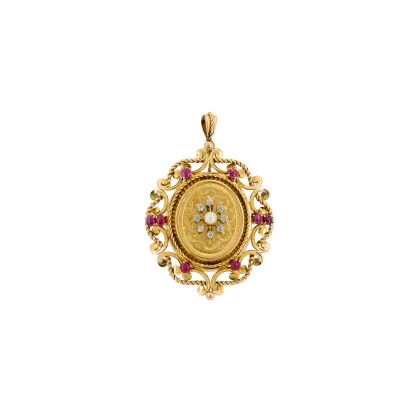 Broche met robijn, diamanten en parels