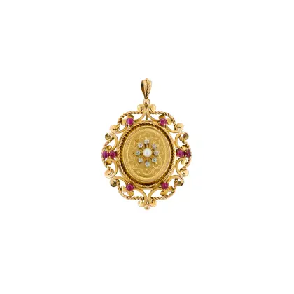 Ruby, diamond and pearl brooch