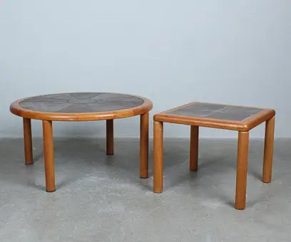 TUE POULSEN. for Haslev, coffee tables/side tables, teak, ceramic, 1960s, Denmark.